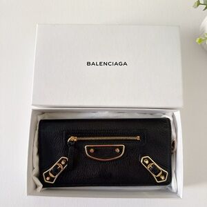 Balenciaga Classic Continental Wallet Black Leather Gold Hardware Full Set